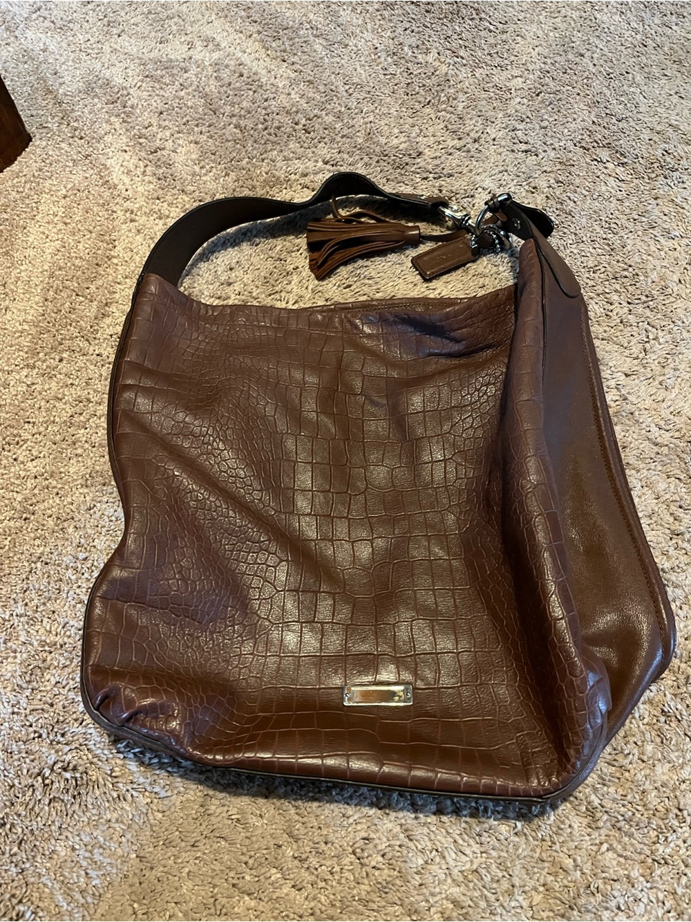 Coach Brown Croc-Embossed Leather Shoulder Bag with Tassel